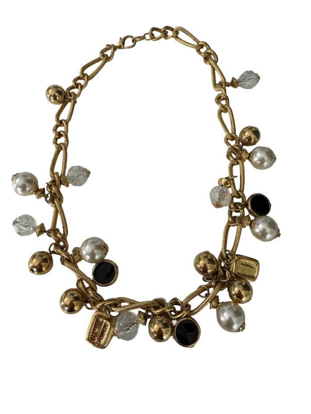 Vintage Style Gold Tone Chunky Charm Necklace Faux Pearls Black Cabochons 16 Inc